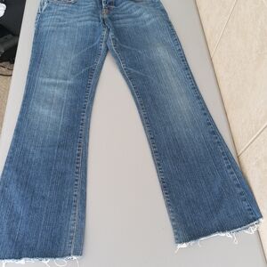 Lucky Brand Blue Flare Jeans with Frayed Hem and Distressed Look